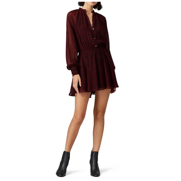 CLEOBELLA Dark Red Kelly Mini Chiffon Dress Long Sleeve V-Neck - Size Small - Picture 3 of 9